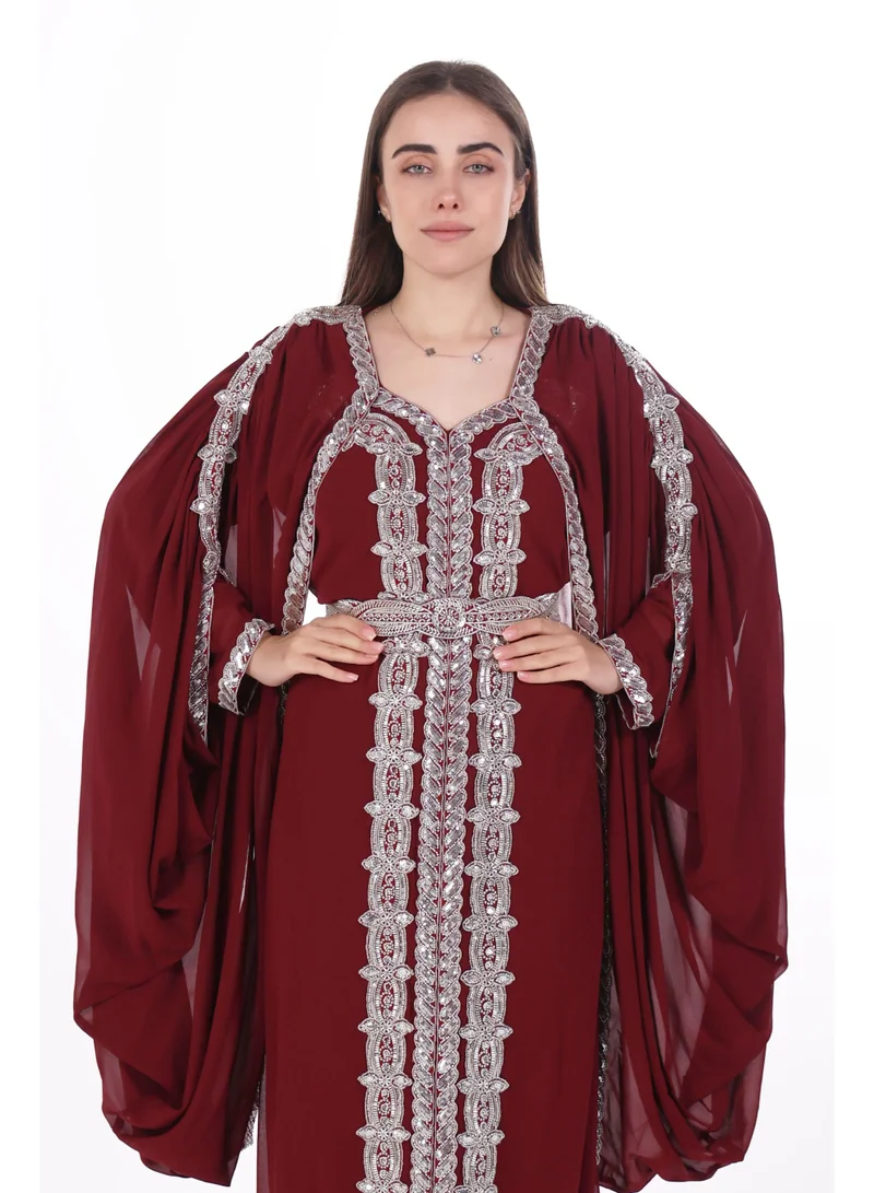 AL BENT AL SHARQIEH burgundy emboidered chiffon kaftan dress for Women | Best Price UAE